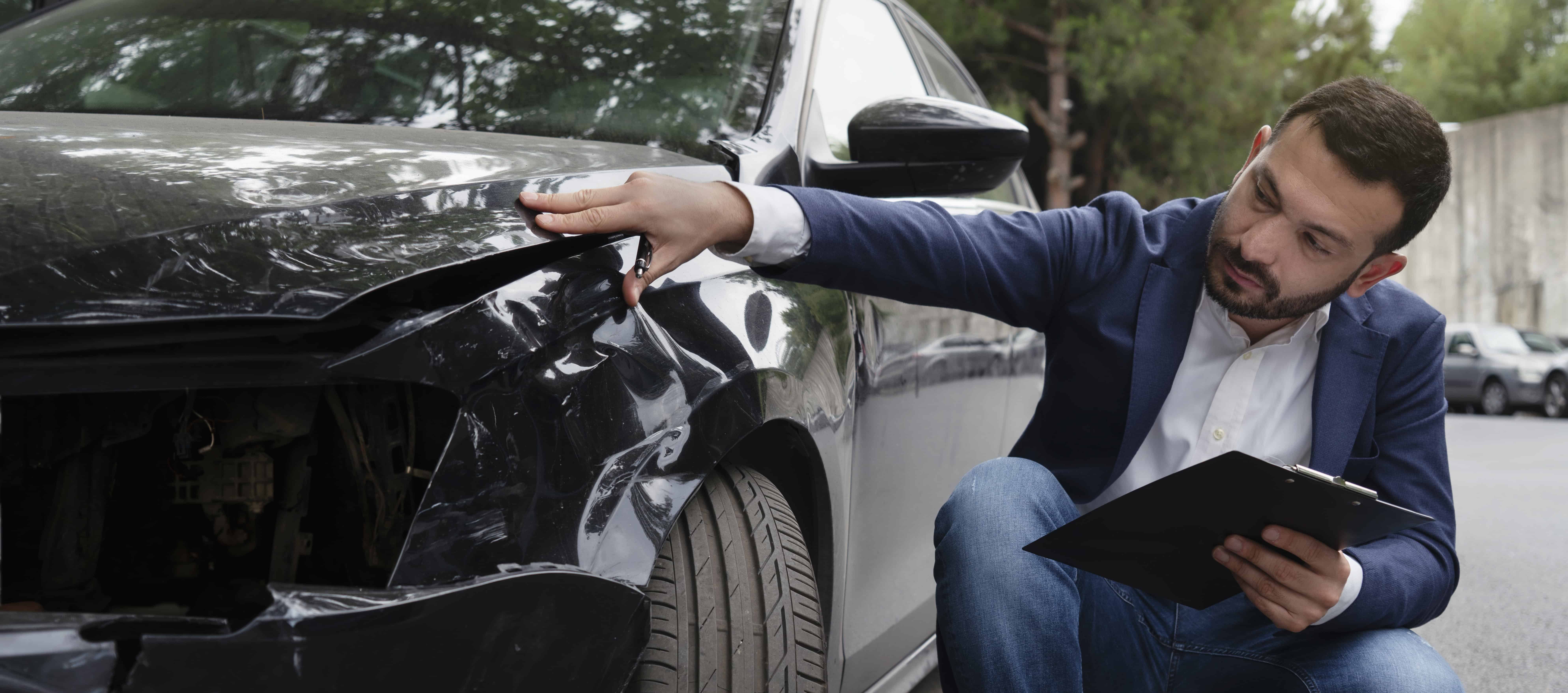 An insurance adjuster inspects the damage to the front quarter panel of a black car that was involved in a sidewipe car accident.
