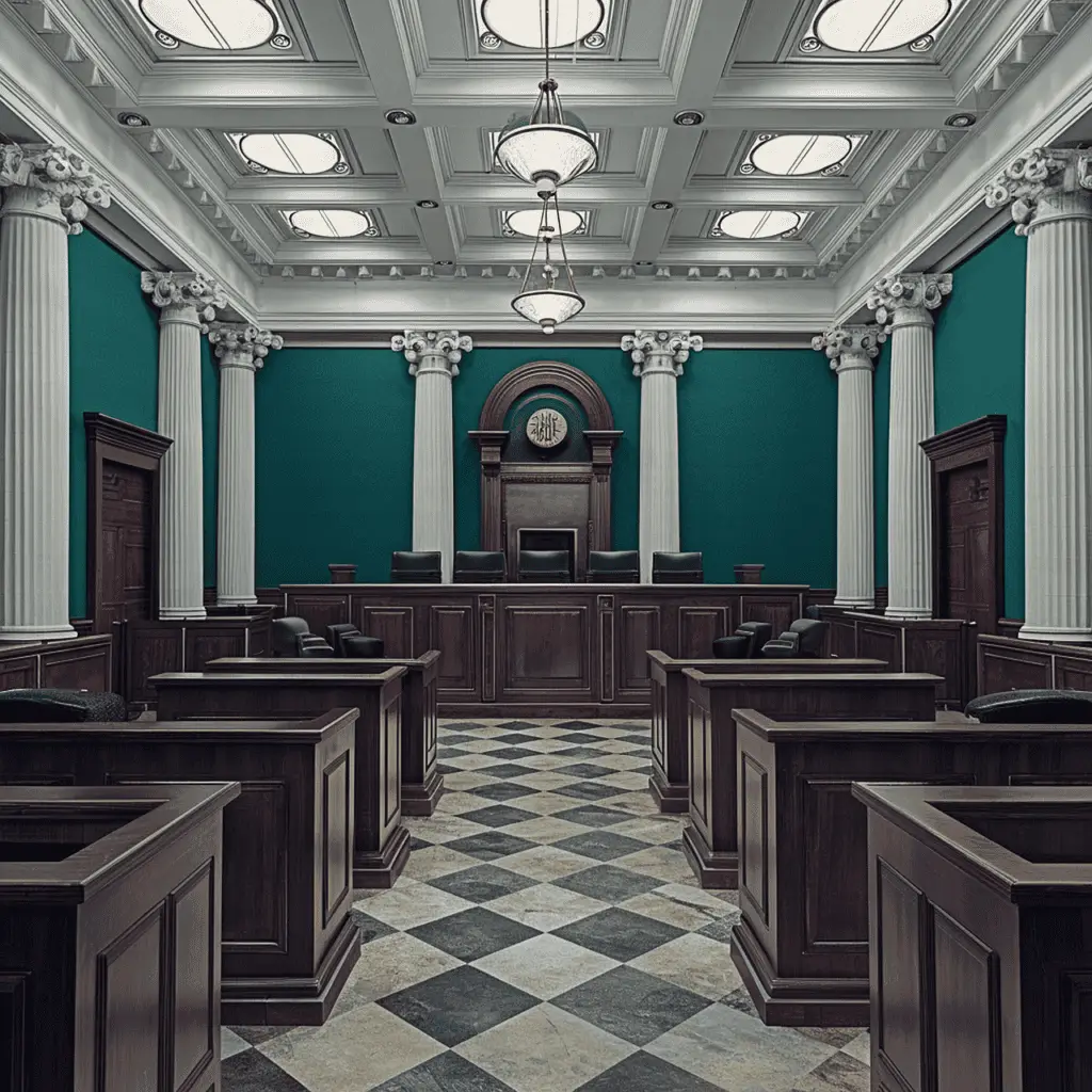 An empty courtroom that handles trials of personal injury lawsuits if the parties are unable to settle. 