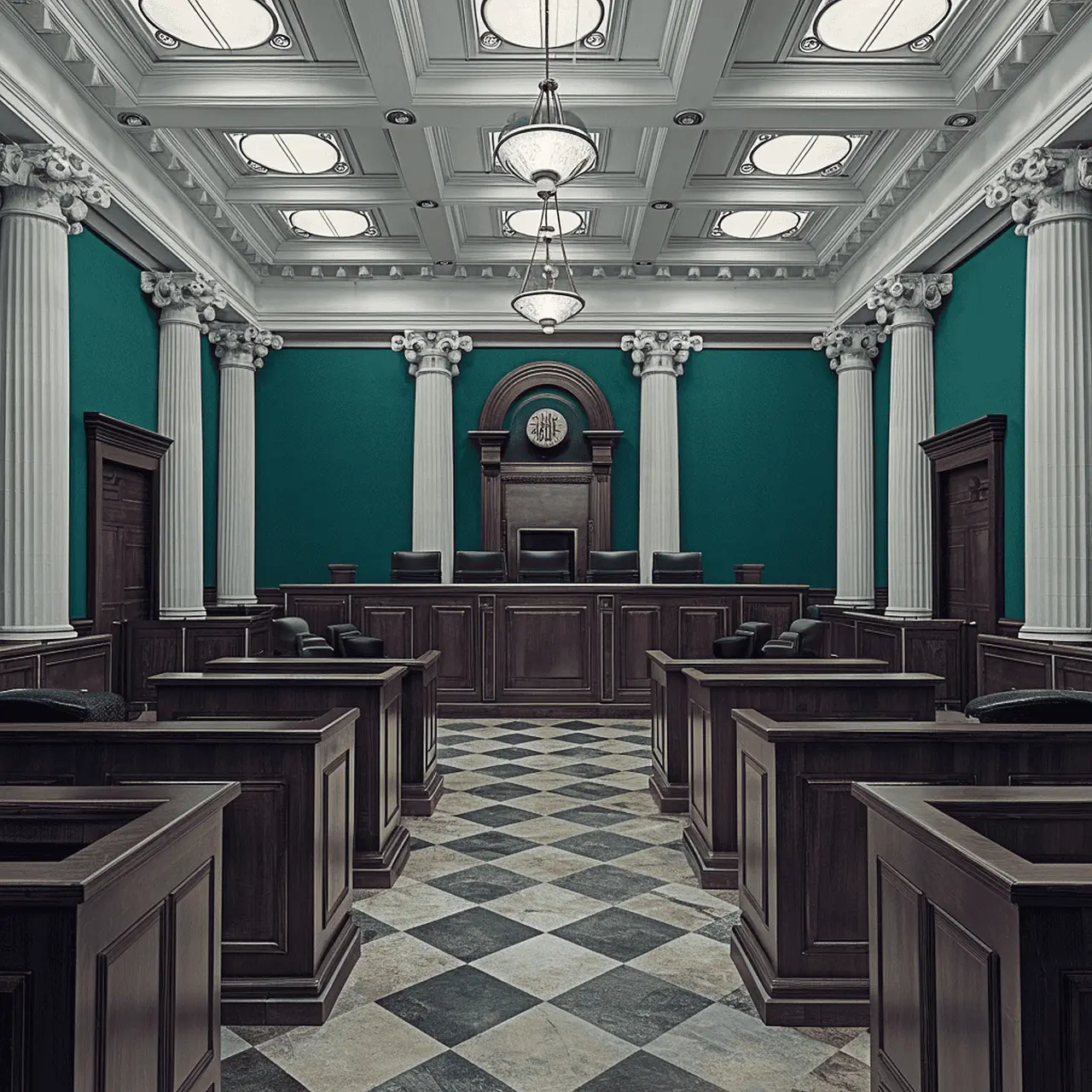 The inside of an empty courtroom where civil trials take place.