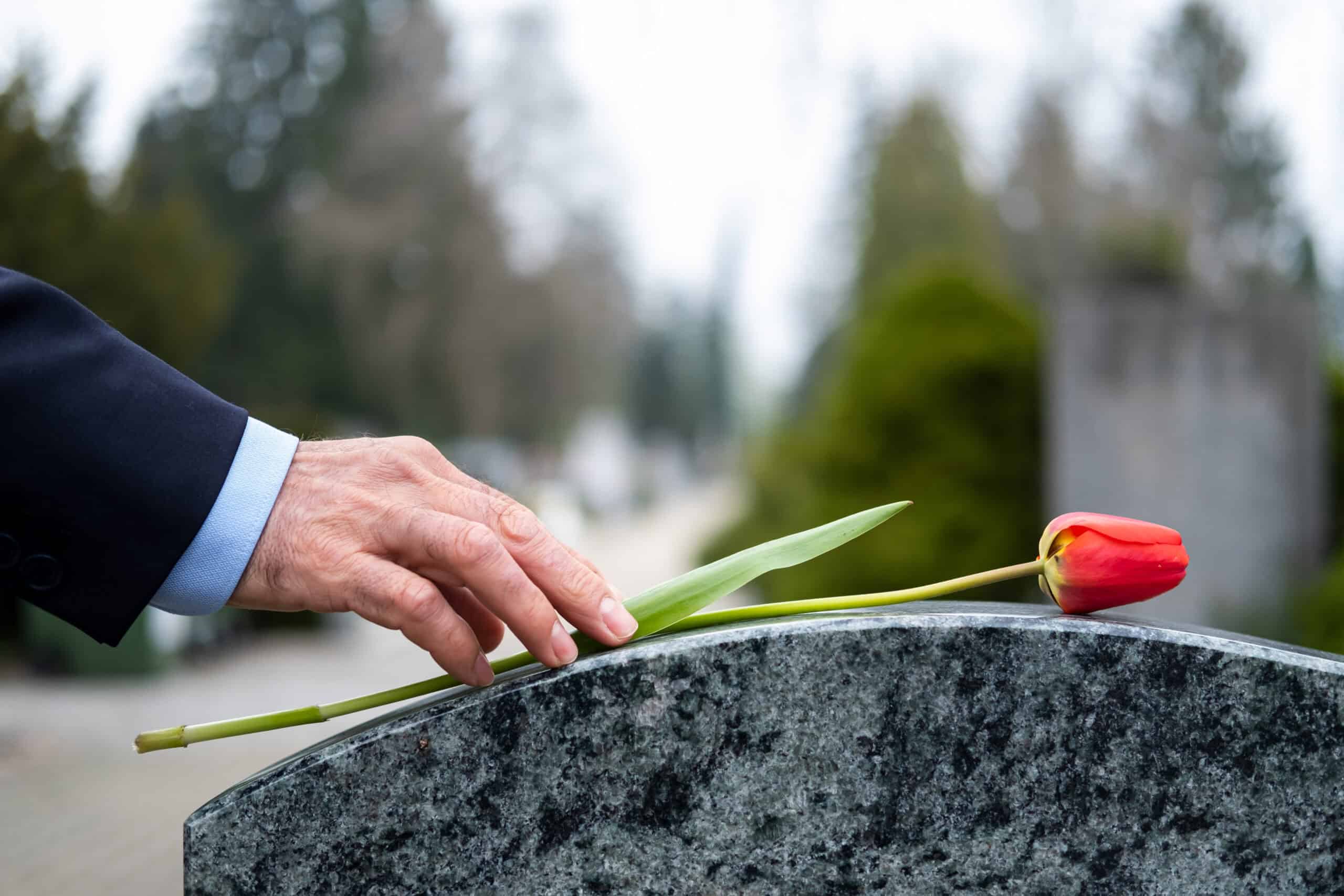 A man places a red rose on top of a grave after a funeral for a victim in a wrongful death case.