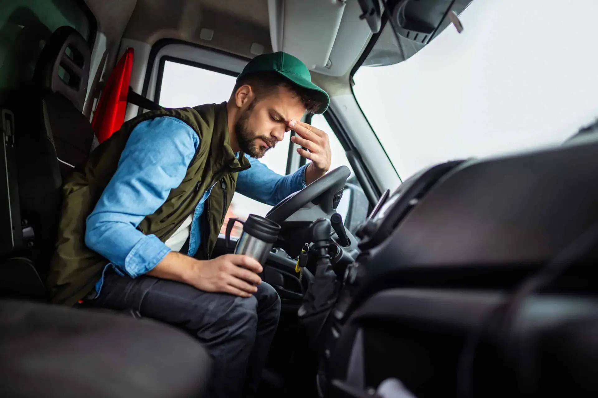 A tired truck driver slumped over the wheel of his semi, holding a cup of coffee.