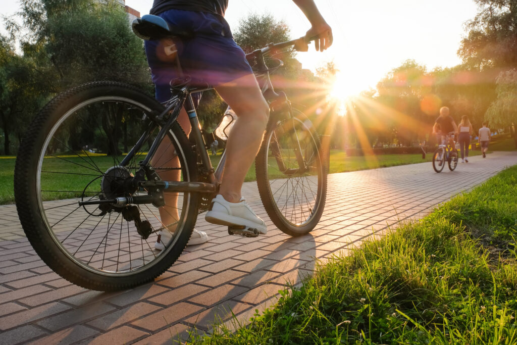 A bicycle rider on a path as the sun sets.