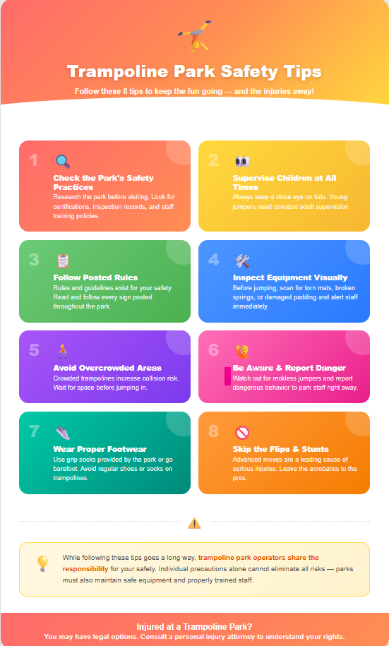 Infograph of safety tips to help avoid injuries at a trampoline park. 